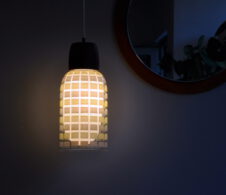 60s teak/ glass pendant light / fantastic glass in glass/teak 60s pendant, made in denmark, matching hook-cover also in teakwood. no damage in glass/wood parts. 60s teak/ glass pendant light